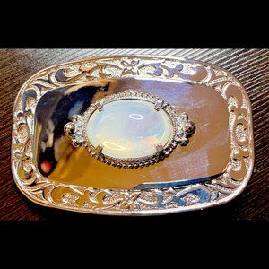 Silver Tone Moonstone Belt Buckle with Filigree